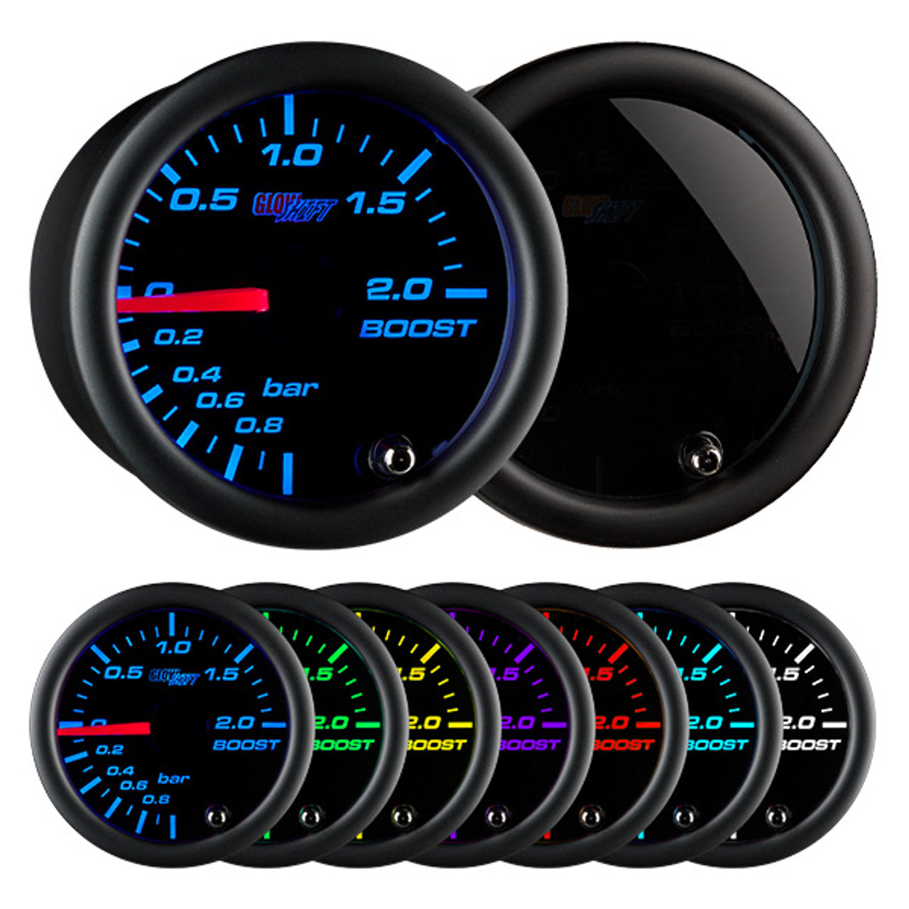 thumbnail image 2 of GlowShift Tinted 7 Color Series 52mm Turbo Boost Gauge -2.0 To 2.0 BAR Mechanical 2 of 3