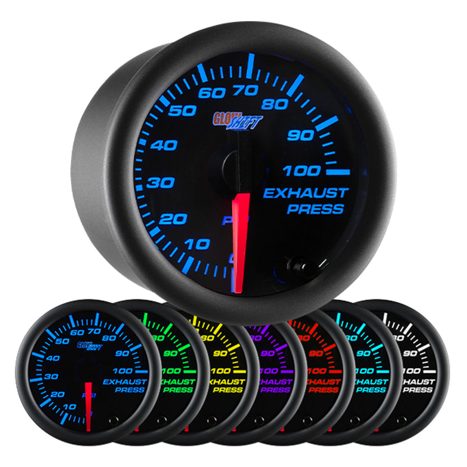 GlowShift - Black 7 Color 100 PSI Exhaust Pressure Gauge