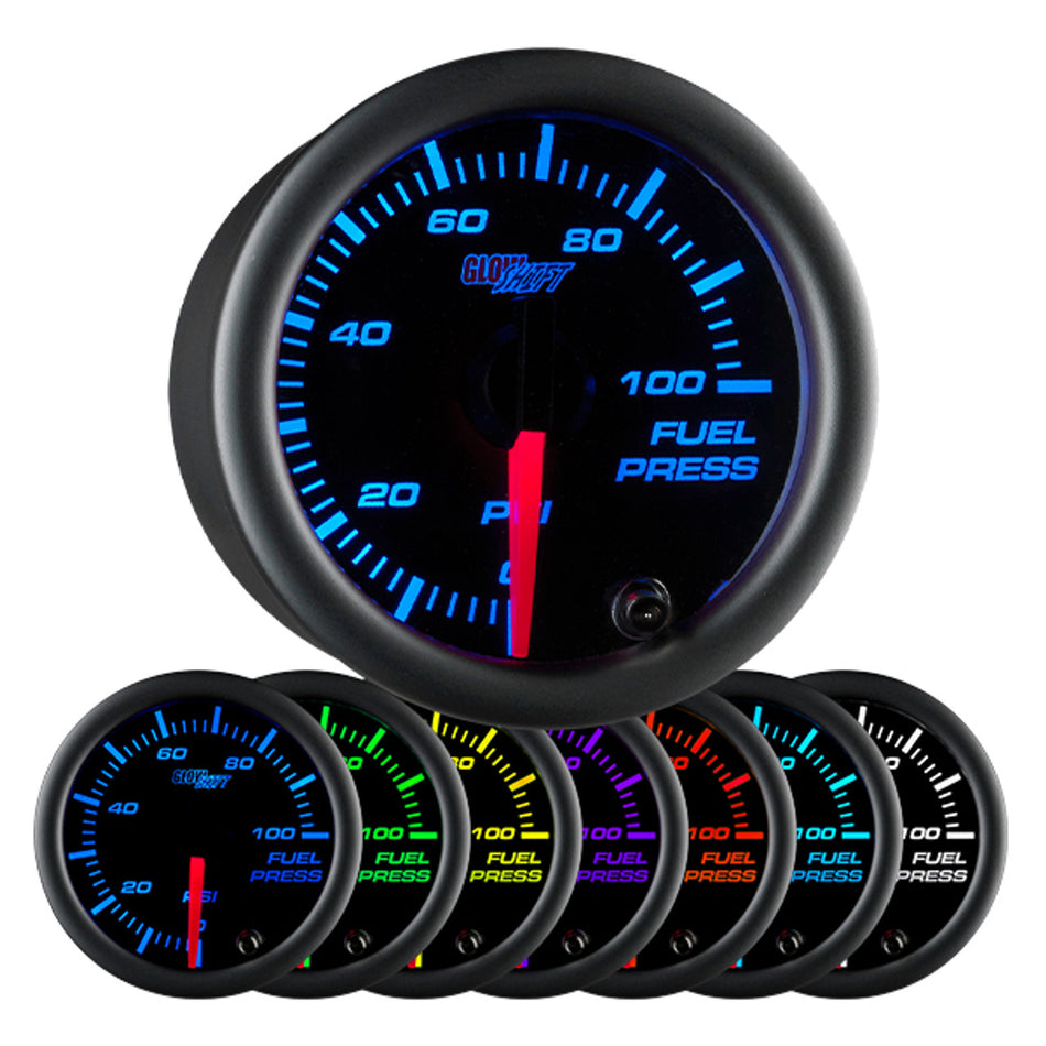 GlowShift - Black 7 Color 100 PSI Fuel Pressure Gauge