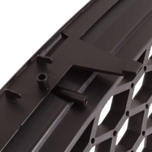 Rear detail of German Auto Stuff matte black honeycomb badgeless grille showing the mounting clips
